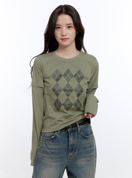 argyle-print-long-sleeve-top-on418 / Dark green