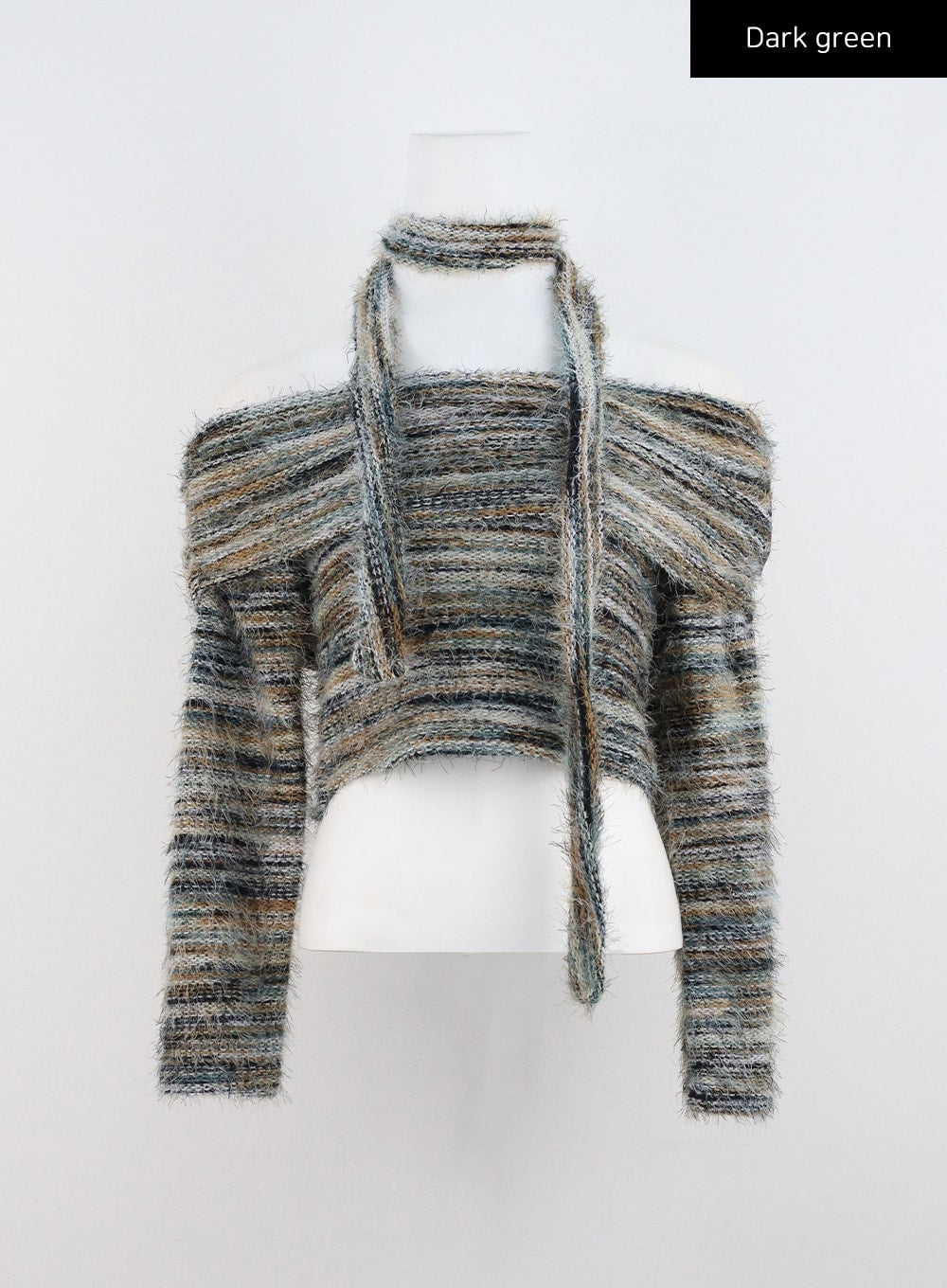 asymmetrical-off-shoulder-knit-sweater-with-scarf-cn320 / Dark green