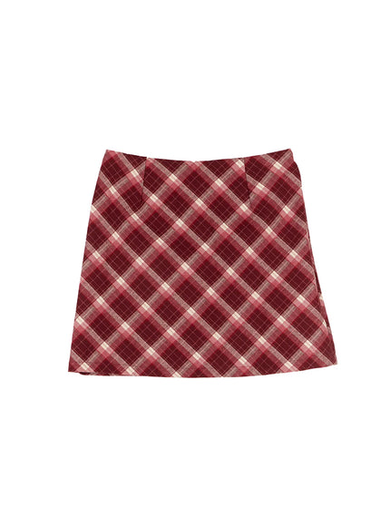 plaid-a-line-mini-skirt-co506 / Dark red