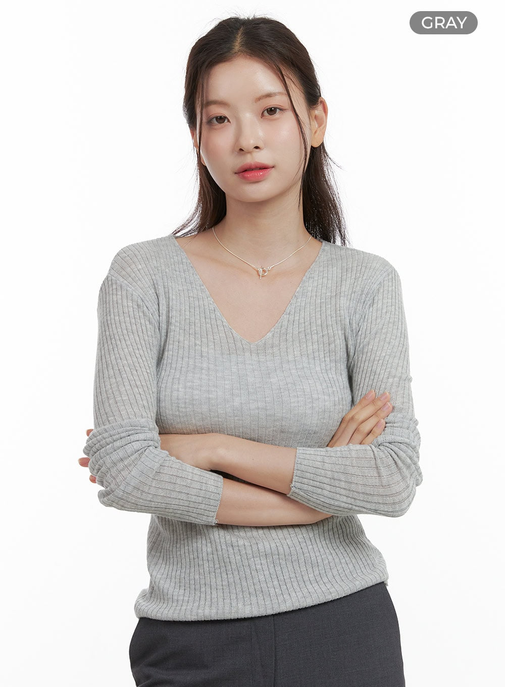 cashmere-v-neck-long-sleeve-ol416 / Gray