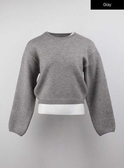 round-neck-knitted-long-sleeve-sweater-oj415 / Gray