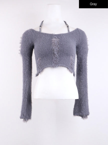 fuzzy-ripped-crop-sweater-cj419 / Gray