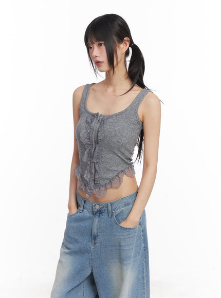 lace-buttoned-crop-tank-top-cy512 / Gray