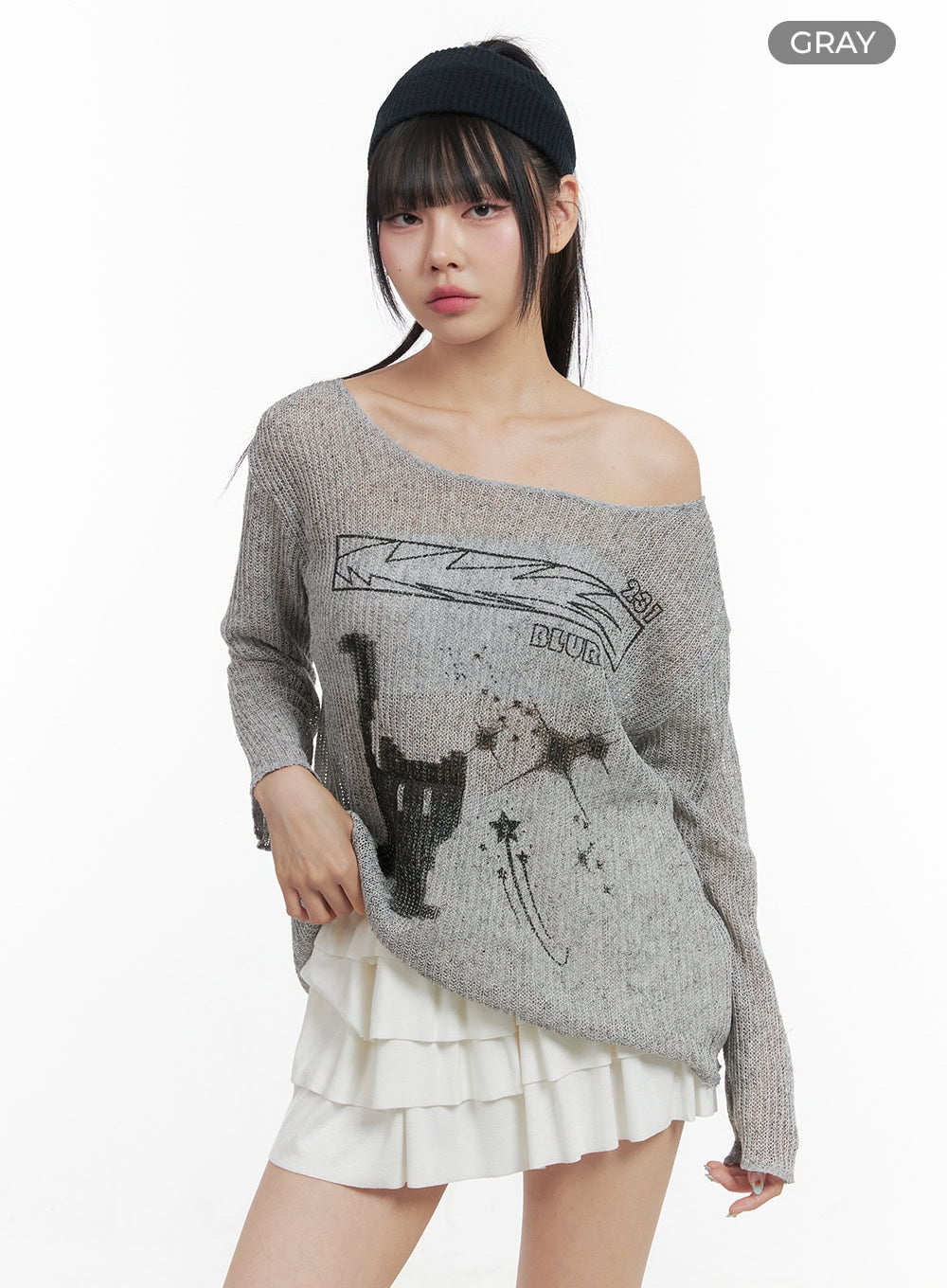 printed-off-shoulder-knit-top-os409 / Gray