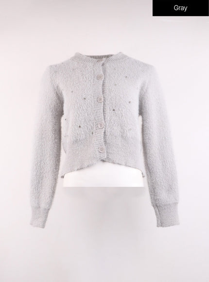 fuzzy-pearl-detail-cardigan-oj425 / Gray