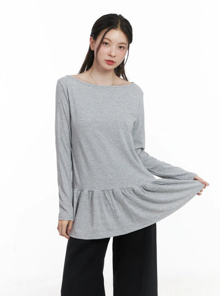 ruffle-hem-loose-long-sleeve-top-cj506 / Gray