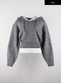 v-neckline-solid-drawstring-knit-hoodie-od320 / Gray