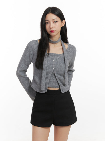 solid-print-v-neck-crop-cardigan-cn428 / Gray