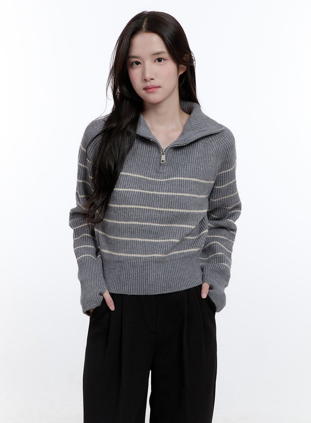 striped-half-zip-sweater-on418 / Gray