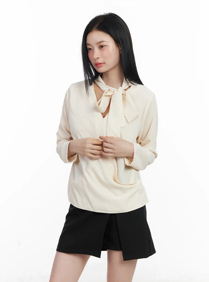 elegant-v-neck-scarf-blouse-cj519 / Light beige