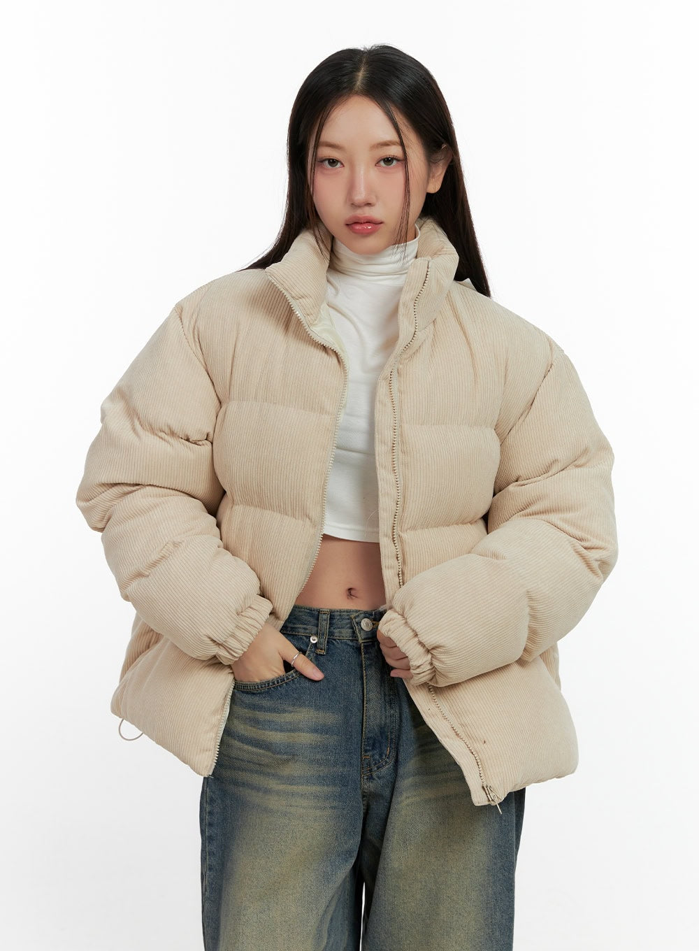 corduroy-oversize-puffer-coat-cn412 / Light beige