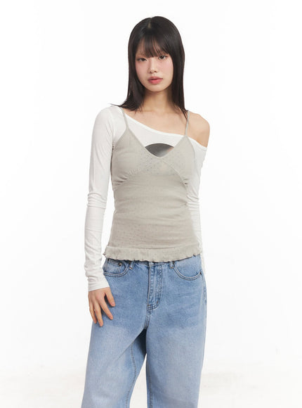 frill-trim-cami-top-ca523 / Light beige