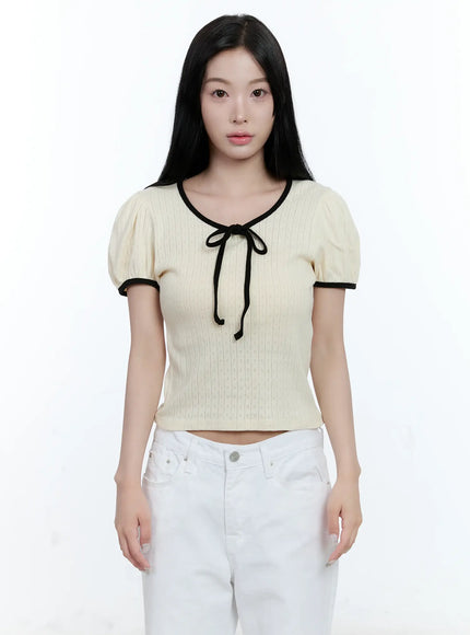 puff-sleeve-ribbon-tie-top-cl530 / Light beige