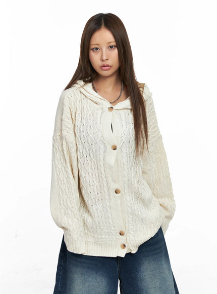 oversized-cable-knit-button-up-hoodie-co510 / Light beige
