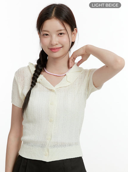 summer-knit-hooded-short-sleeve-cardigan-ol423 / Light beige