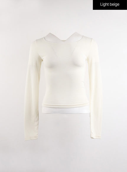 casual-u-neck-long-sleeve-top-cj417 / Light beige