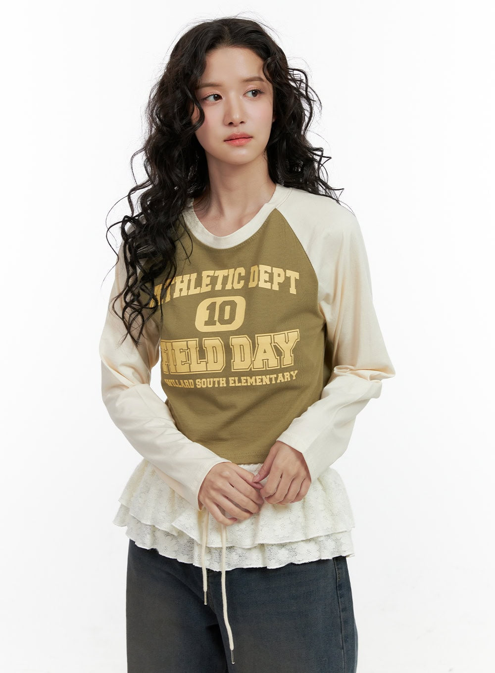 long-sleeve-raglan-printed-top-on404 / Light beige