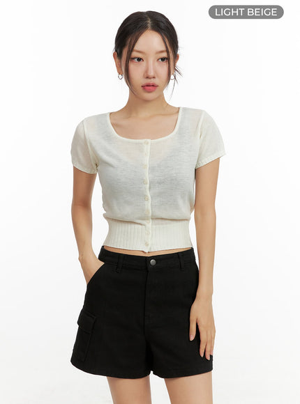 summer-buttoned-square-neck-cardigan-ou411 / Light beige