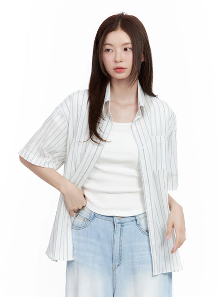 casual-striped-short-sleeve-button-up-shirt / Light blue