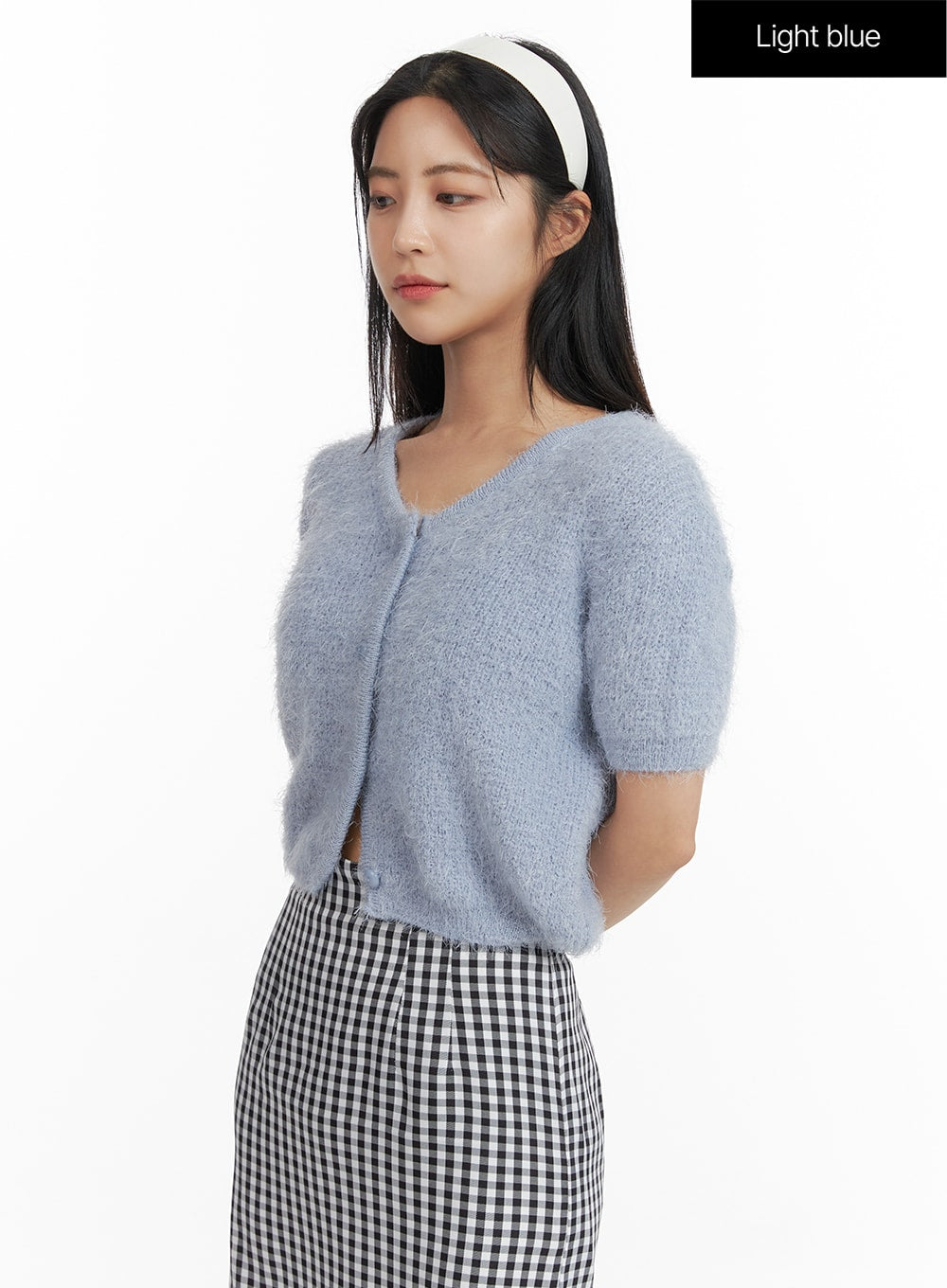 fuzzy-v-neck-button-short-sleeve-sweater-of416 / Light blue