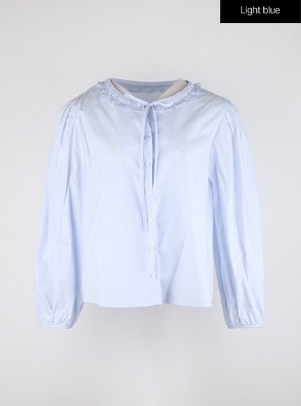 round-neck-ruffle-hem-long-sleeve-blouse-od326 / Light blue