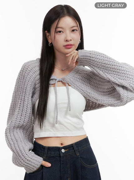 stringed-hollow-bolero-cardigan-oo416 / Light gray