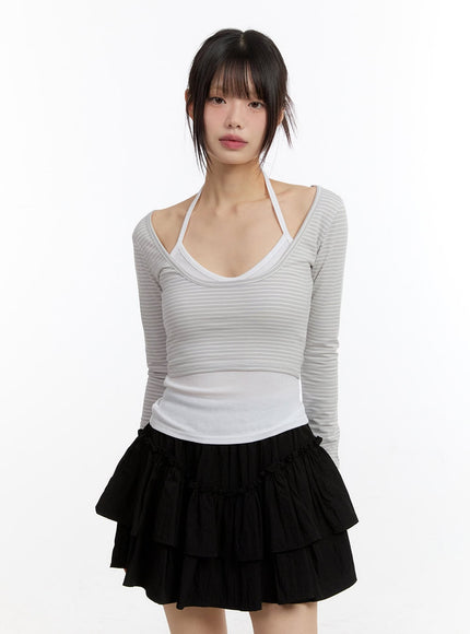 Stripe Long-Sleeve Crop Top with Tank Top CA508