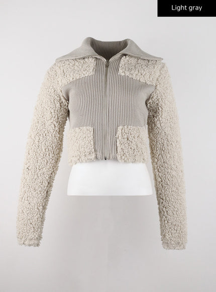 hooded-patchwork-faux-fur-zipper-cardigan-cd322 / Light gray