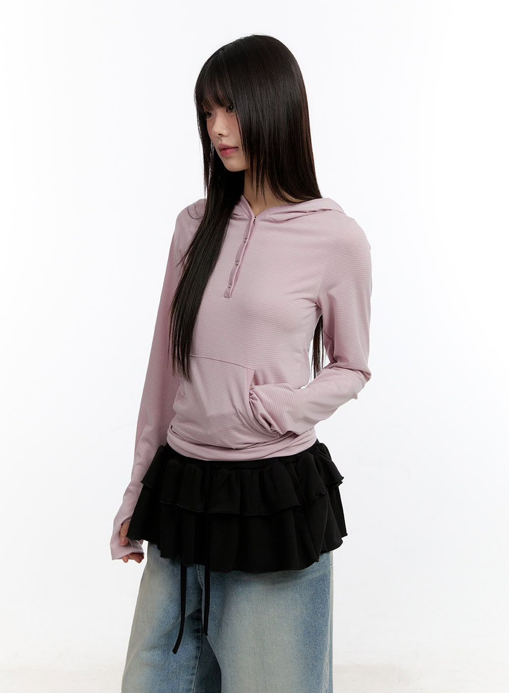 button-stripe-hoodie-top-ca508 / Pink