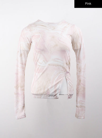 unbalanced-slit-sheer-long-sleeve-tee-cj405 / Pink