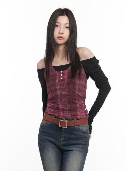 plaid-sheer-halter-top-cm517 / Red