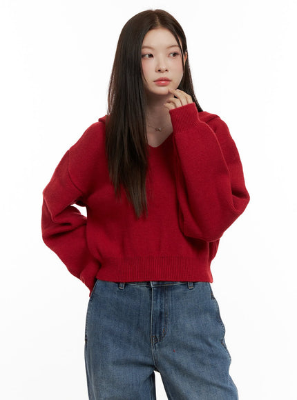 cozy-hooded-knit-sweater-on422 / Red