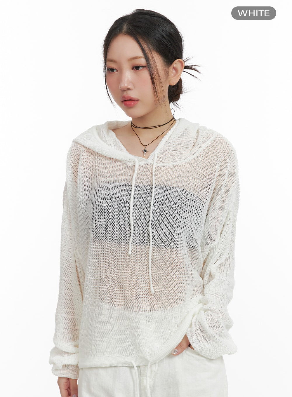 sheer-drawstring-hoodie-oa416 / White