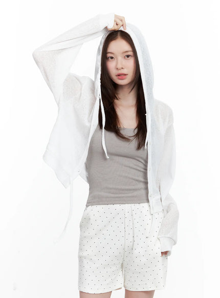 mesh-button-up-hoodie-cardigan / White