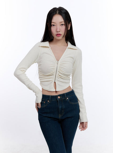 Shirred Zip-Up Long-Sleeve Collared Top CJ509