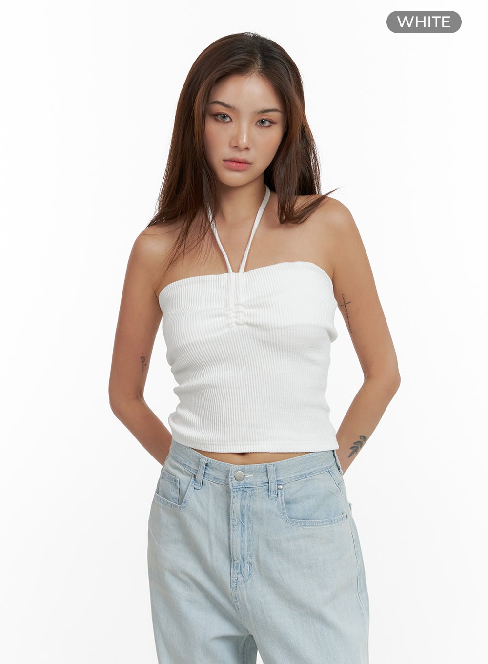 shirred-halter-neck-crop-tube-top-cl404 / White