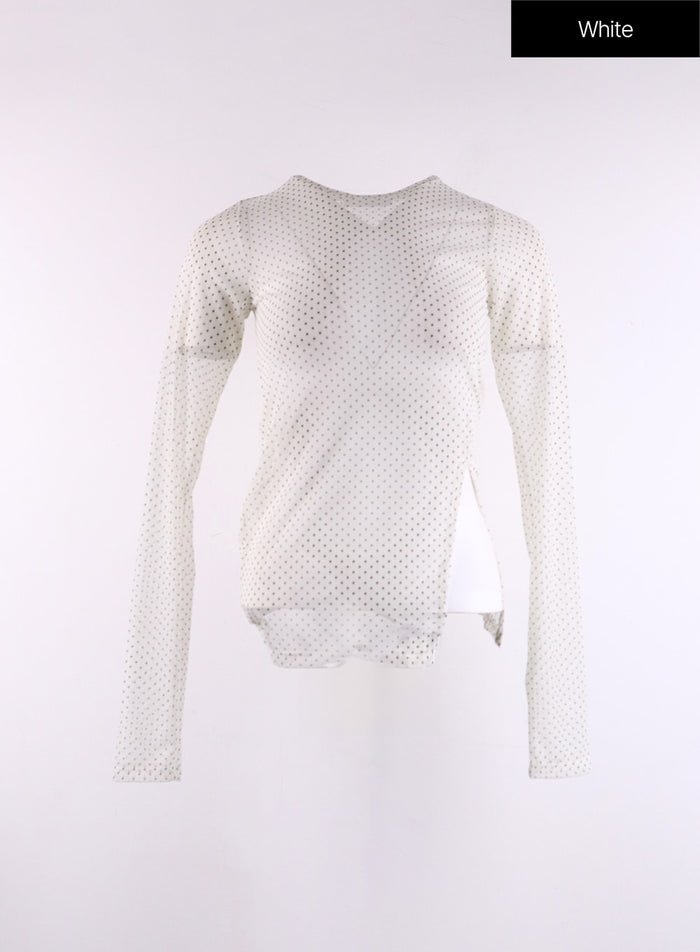 mesh-polka-dot-long-sleeve-top-cf406 / White
