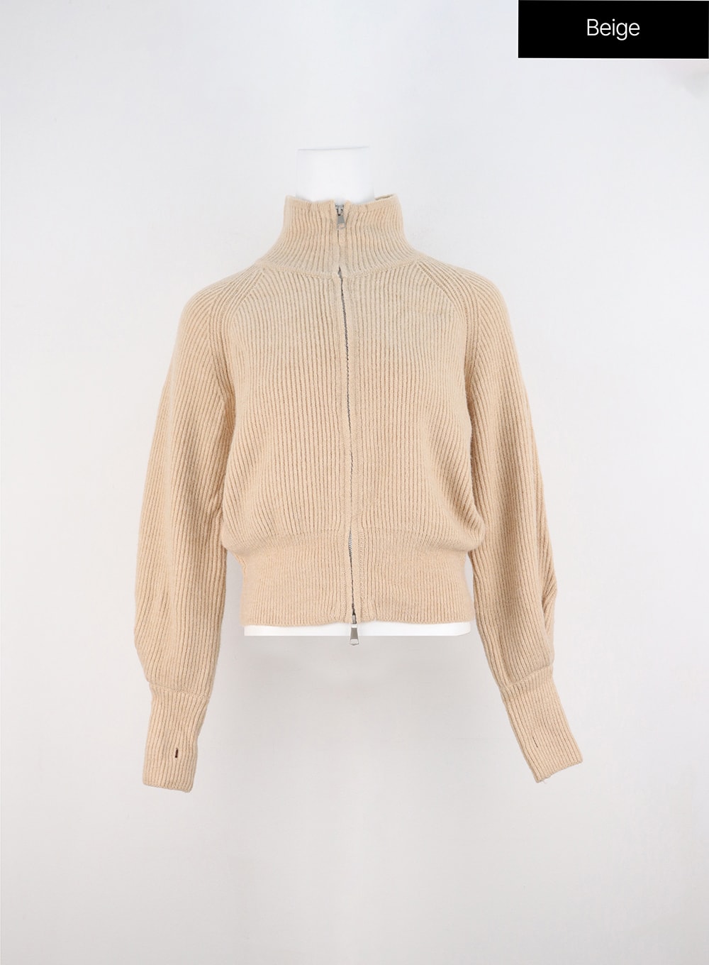 zip-up-ribbed-cardigan-oo323 / Beige
