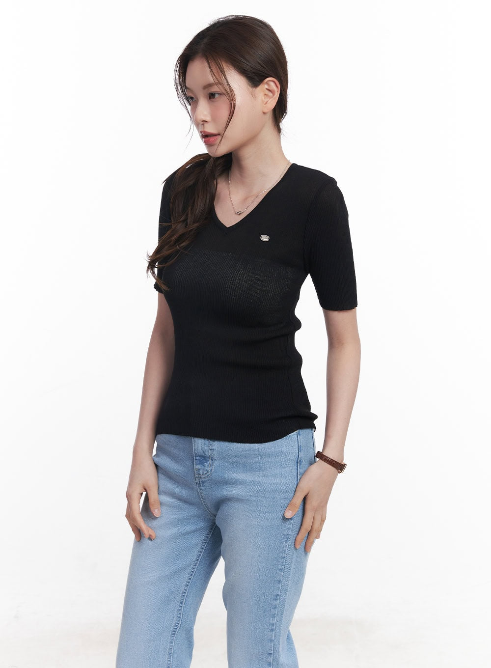 sheer-v-neck-linen-short-sleeve-sweater-cy519 / Black