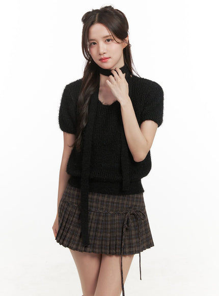 cozy-knit-short-sleeve-sweater-with-scarf-cj514 / Black