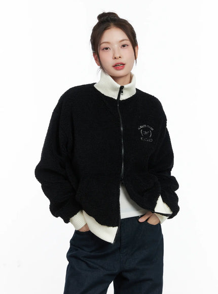 unique-high-neck-fleece-zip-up-cn519 / Black