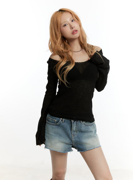 sheer-knit-off-shoulder-long-sleeve-top-cy501 / Black