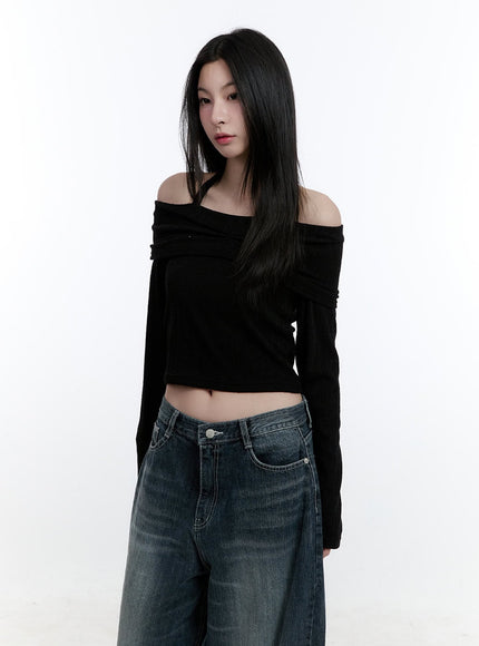 long-sleeve-off-shoulder-halter-crop-top-cj520 / Black