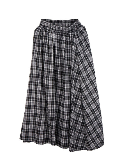 checkered-print-flared-maxi-skirt-cn426 / Black