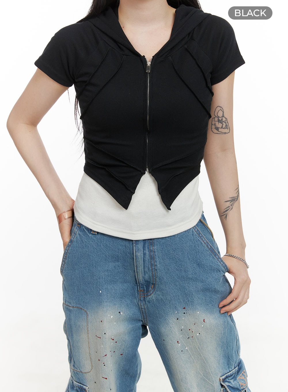stitched-detail-hoodie-top-cy417 / Black