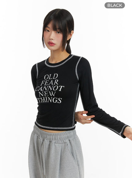 stitched-crop-long-sleeve-top-cf423 / Black