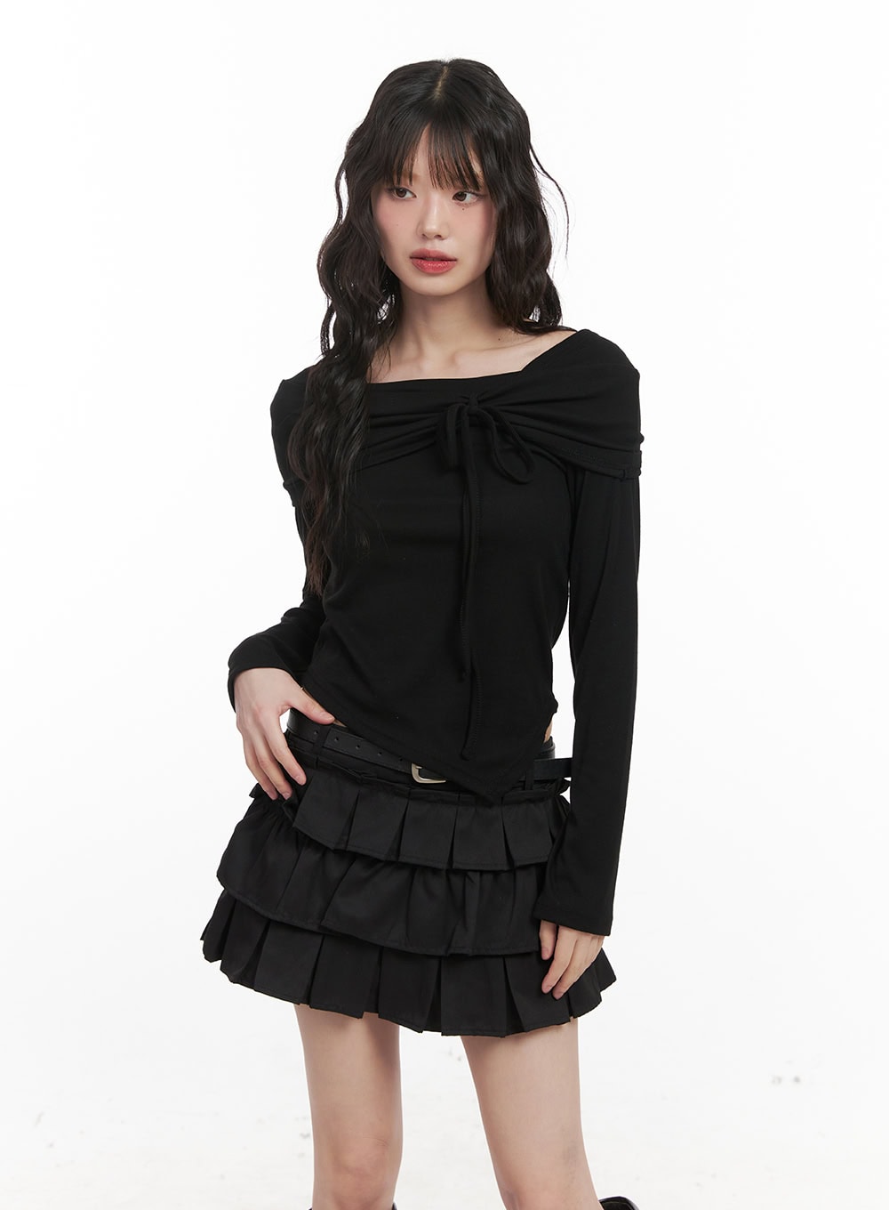 Ribbon Wrapped Asymmetric Long-Sleeve Top CJ523