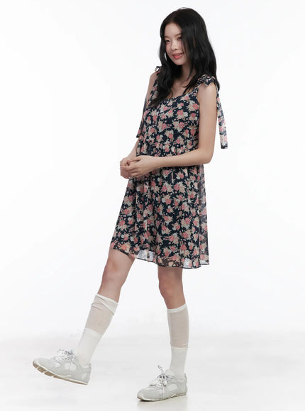 chiffon-floral-tie-strap-mini-dress-ca509 / Black