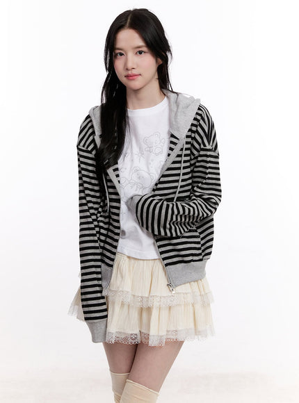 stripe-zip-up-hooded-knit-jacket-cm527 / Black