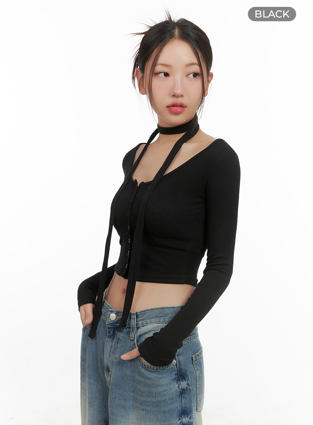 buttoned-long-sleeve-cardigan-thin-scarf-set-cs405 / Black